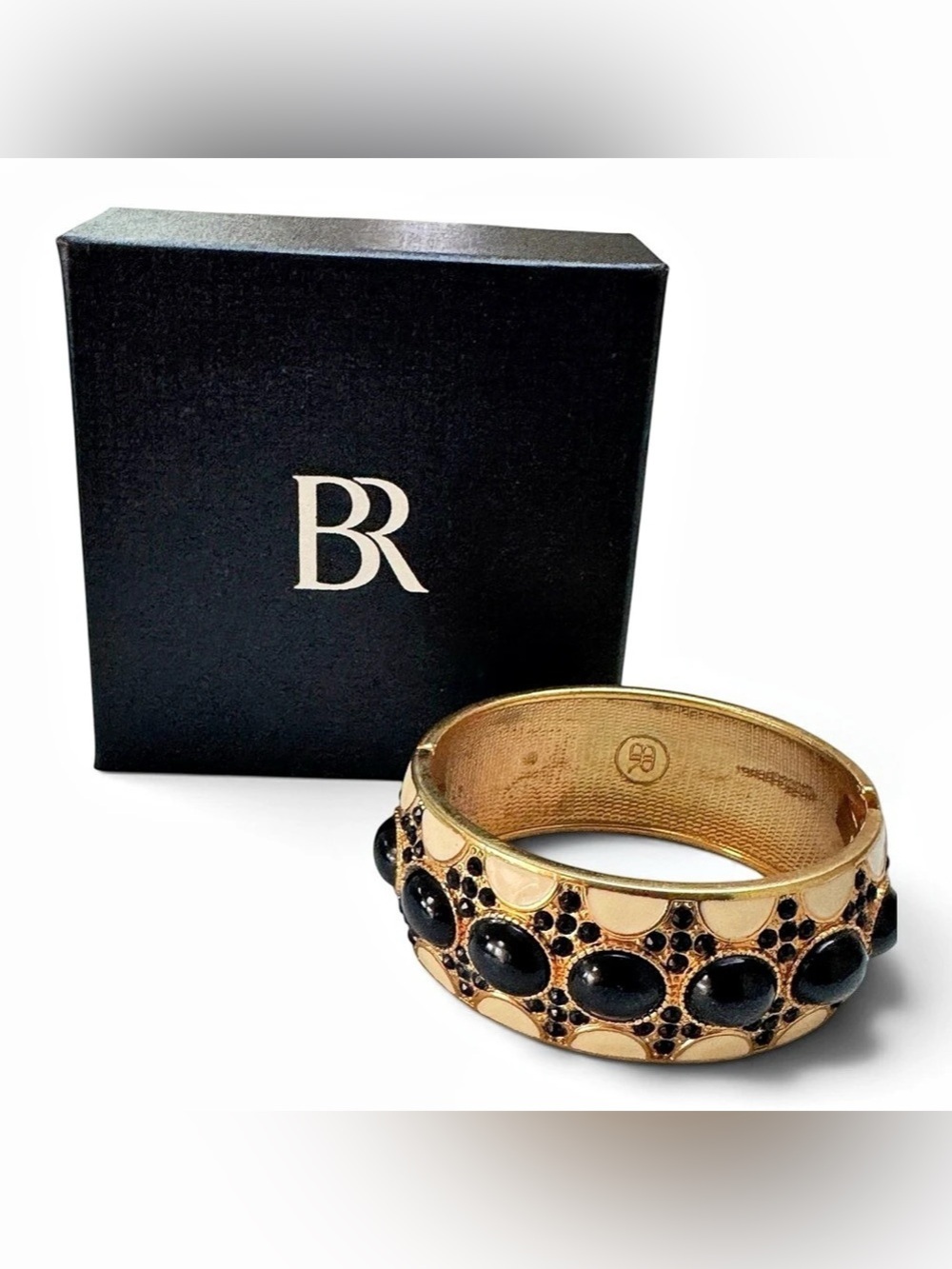Vintage Banana Republic Ivory and Black Cabochon Hinge Bangle